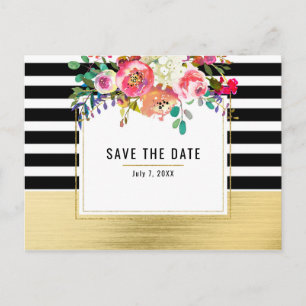Carte Postale Faire-part Noir Blanc Or Moderne Floral Glam Enregistrer la D