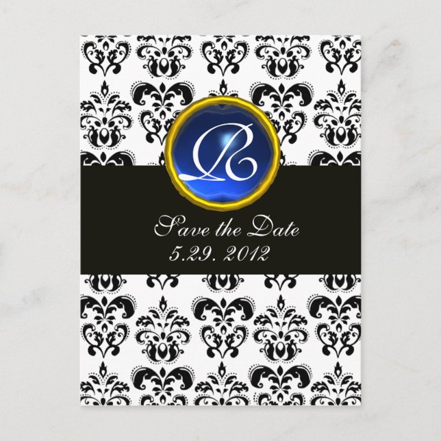 CARTE POSTALE FAIRE-PART NOIR ET BLANC DAMASK BLEU SAPPHIRE MONOGRAM (Devant)