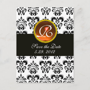Carte Postale Faire-part NOIR ET BLANC DAMASK Orange Agate Monogramme