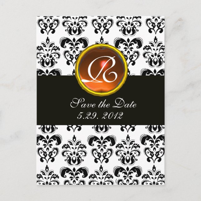 Carte Postale Faire-part NOIR ET BLANC DAMASK Orange Agate Monogramme (Devant)