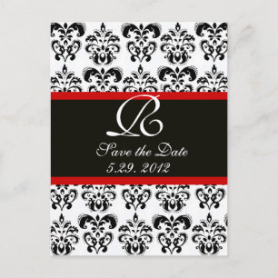 CARTE POSTALE FAIRE-PART NOIR ET BLANC ET DAMAS MONOGRAMME