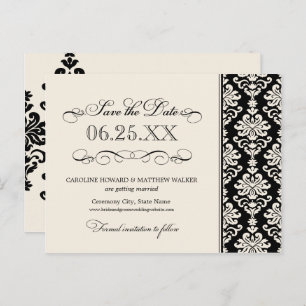Carte Postale Faire-part Noir et ivoire Elegant Damask Enregistrer la date