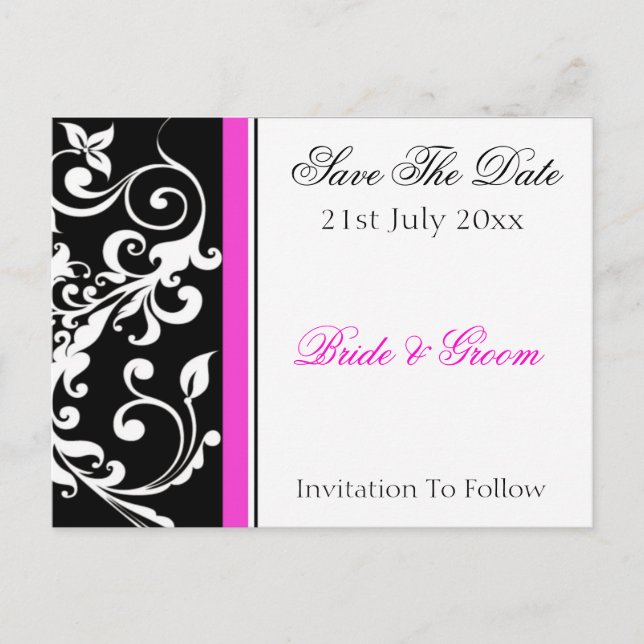 Carte Postale Faire-part Noir et rose chaud mariage Swirl Enregistrer la da (Devant)