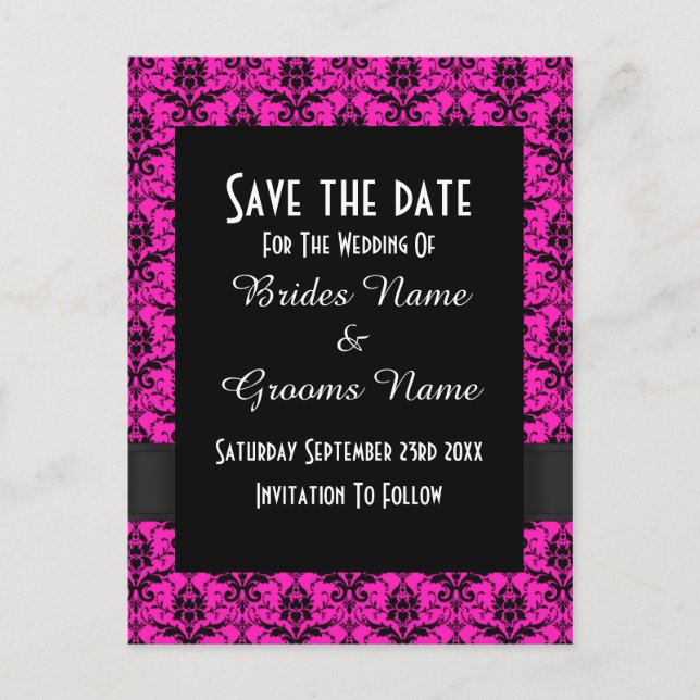 Carte Postale Faire-part Noir et rose save the date en damas (Devant)