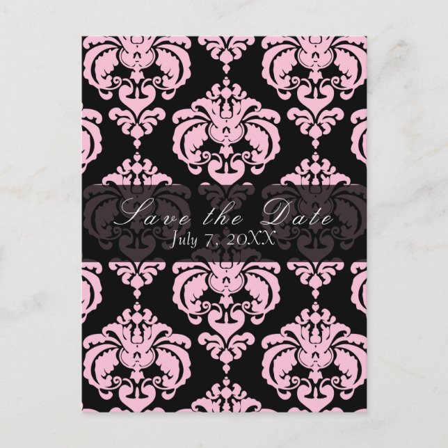 Carte Postale Faire-part Noir & rose Damask Chic Wedding Enregistrer la dat (Devant)