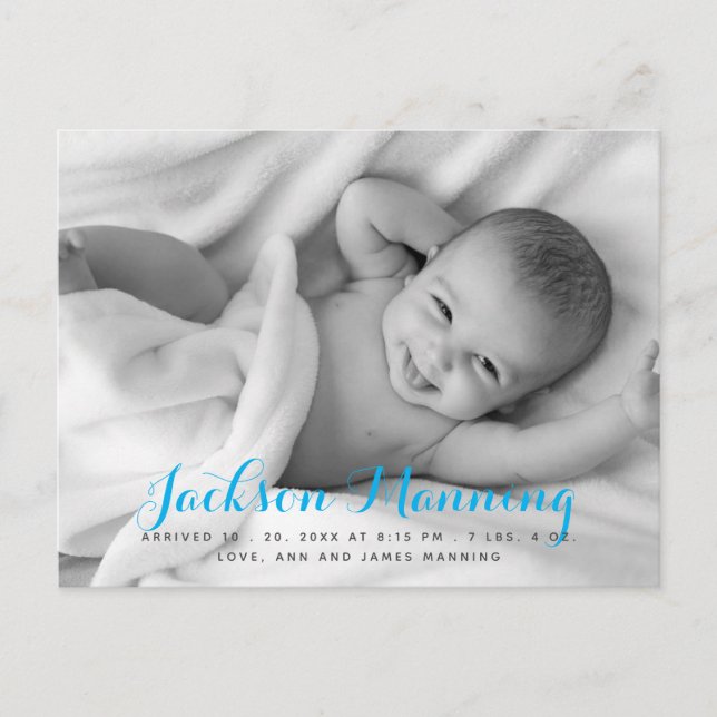 Carte Postale Faire-part Nom | Baby Boy Blue Script Photo (Devant)