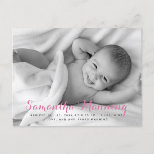 Carte Postale Faire-part Nom Photo de script rose pour bébé fille