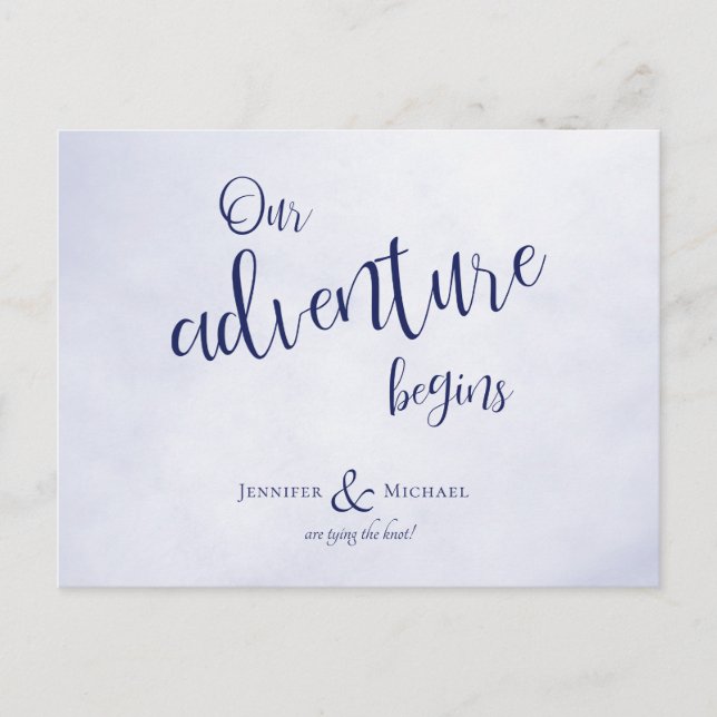 Carte Postale Faire-part Notre aventure commence mariage typographique bleu (Devant)