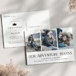 Carte Postale Faire-part Notre aventure commence | Trois photos Enregistrer<br><div class="desc">Un rustique enregistrer la carte postale photo date pour le couple extérieur et aventureux, conçu pour accueillir trois de vos photos fiançailles préférées alignées côte à côte. "Our Adventure Begins" apparaît en noir le long du bas, avec vos noms, date du mariage et emplacement du mariage en dessous. Ajoutez des...</div>