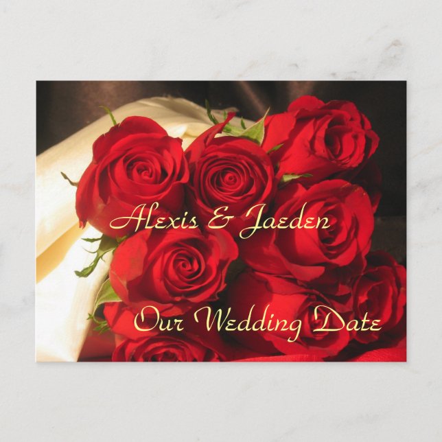 Carte Postale Faire-part "Notre Date Mariage" - Bouquet Rose rouge (Devant)