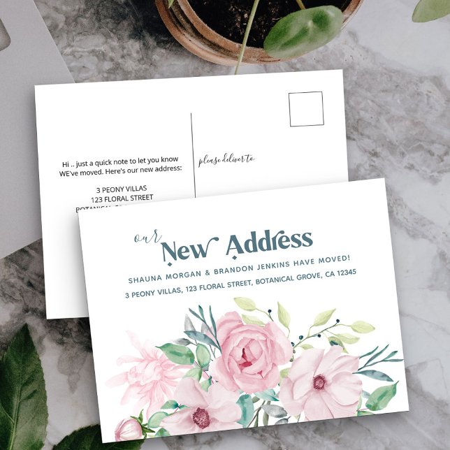 Carte Postale Faire-part Notre nouvelle adresse Peonies Floral Moving Faire (New Address postcard with pink peony rose flowers)
