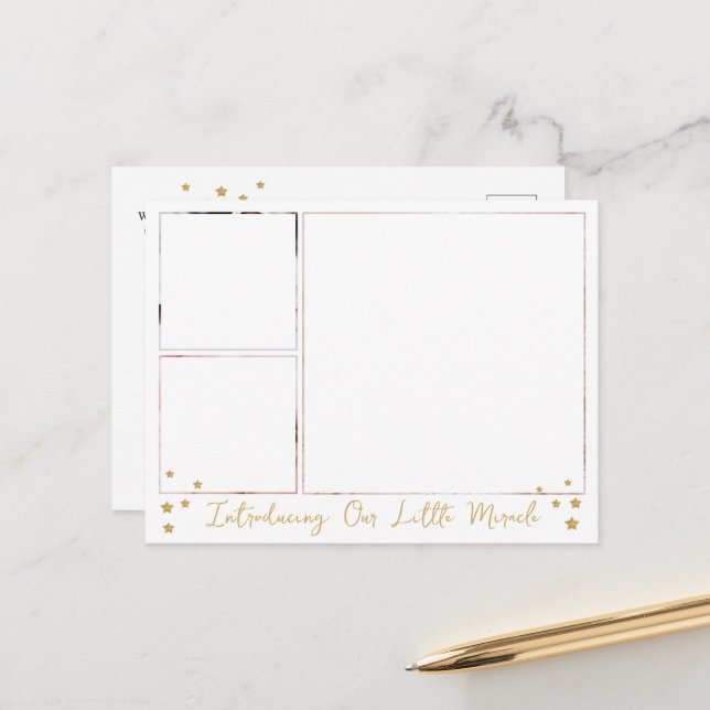 Carte Postale Faire-part Notre petit Miracle Gold Star 3 Photos Baby (Devant/Arrière en situation)