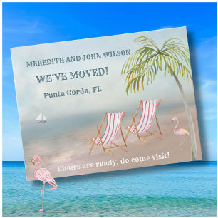 Carte Postale Faire-part Nous avons déménagé Budget Ocean Beach Chaises Dém