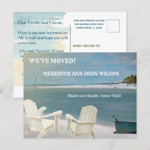 Carte Postale Faire-part Nous avons déménagé Budget Ocean Beach Chaises Dém