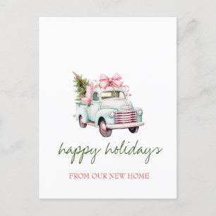 Carte Postale Faire-part Nous Avons Déménagé,Camion Bleu,Sapin de Noël