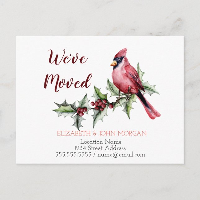 Carte Postale Faire-part Nous avons déménagé,Cardinal rouge baie de houx (Devant)