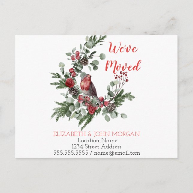 Carte Postale Faire-part Nous avons déménagé,Couronne de Noël Rouge Cardina (Devant)