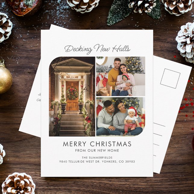 Carte Postale Faire-part Nous avons déménagé Deck New Halls Collage de phot (We've Moved Christmas Holidays Family Photo Collage Moving Announcement Postcard)