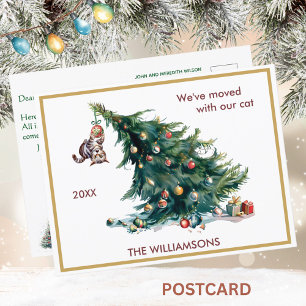 Carte Postale Faire-part Nous avons déménagé Fun Chat et Arbre Noël