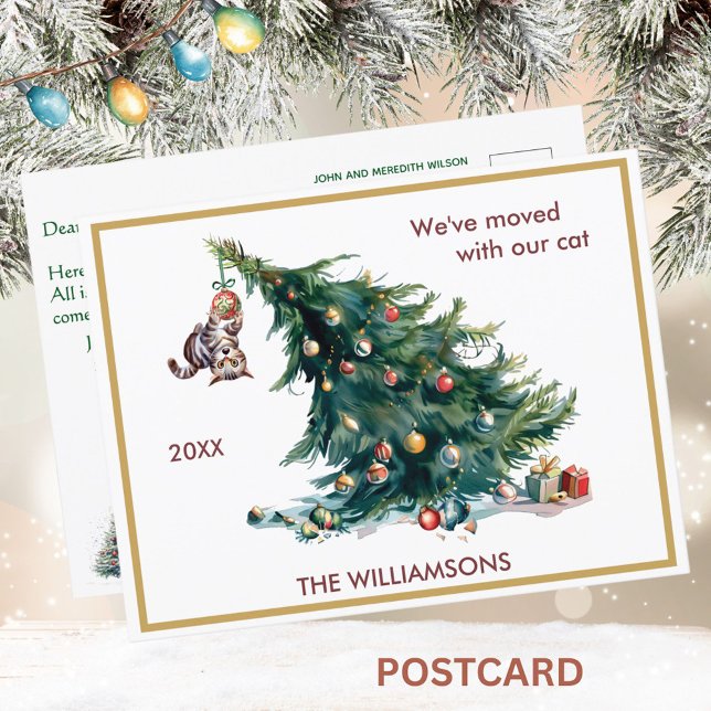 Carte Postale Faire-part Nous avons déménagé Fun Chat et Arbre Noël (Créateur téléchargé)