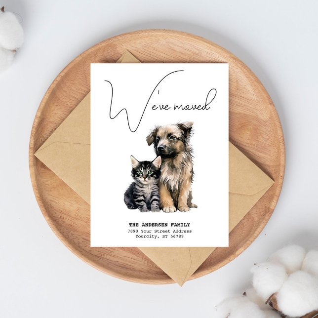 Carte Postale Faire-part Nous Avons Déménagé Nouvelle Adresse Chat Chien Aq (Weve Moved New Address Cat Dog Watercolor Moving Announcement Postcard)
