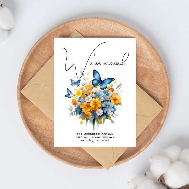 Carte Postale Faire-part Nous Avons Déménagé Nouvelle Adresse Papillon Aqua (We've moved announcement postcard, with beautiful blue yellow butterfly floral.)