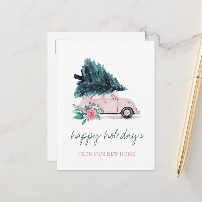 Carte Postale Faire-part Nous Avons Déménagé, Voiture Rose, Arbre De Noël (Devant/Arrière en situation)