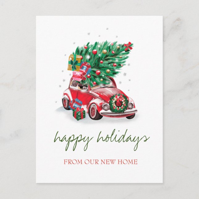 Carte Postale Faire-part Nous avons déménagé,Voiture Rouge,Sapin de Noël (Devant)