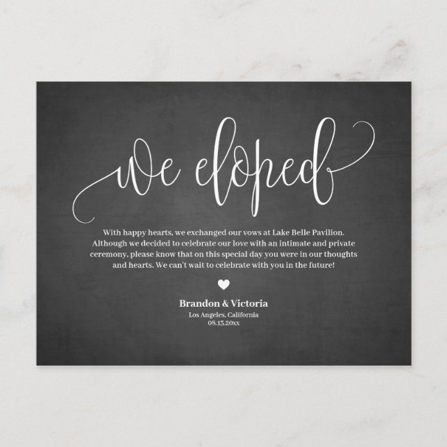 Carte Postale Faire-part Nous Avons Été | Chalkboard Joli Script Elopement (Devant)