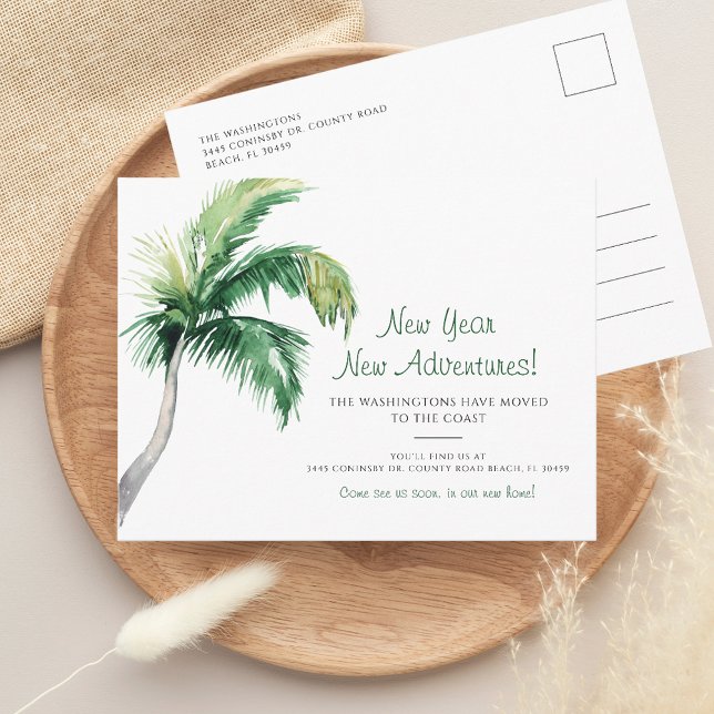 Carte Postale Faire-part Nous avons fait avancer le Nouvel An (New Year New Adventures Change of Address Palm Tree Moving Announcement Postcard)