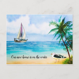 Carte Postale Faire-part Nouveau Accueil Plage Scène Voilier Palms Déménage