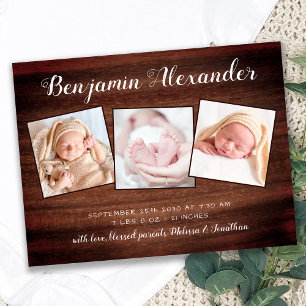 Carte Postale Faire-part Nouveau bébé rustique Pays Bois 3 Photo Naissance