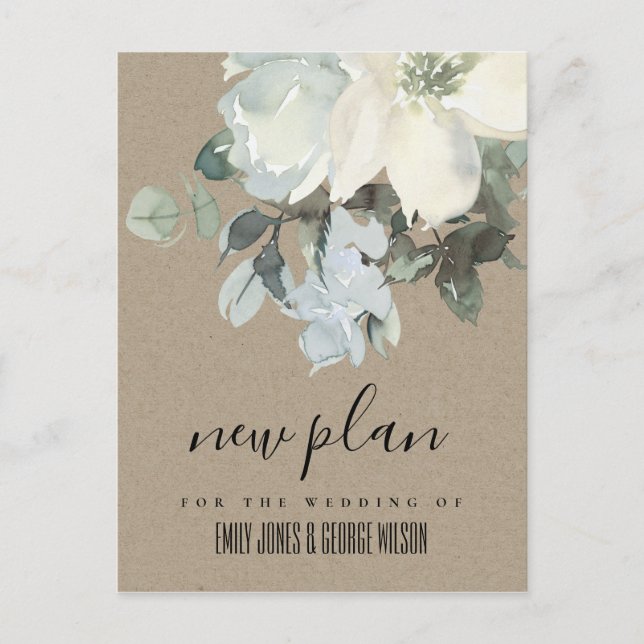 CARTE POSTALE FAIRE-PART NOUVEAU PLAN DE MARIAGE FLEURI BLANC IVOIRE KRAFT (Devant)