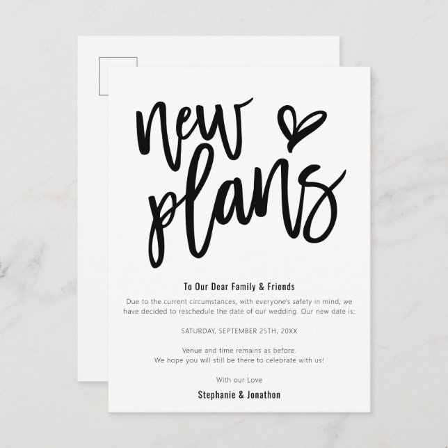 Carte Postale Faire-part Nouveaux plans de mariage, sauvez la date, écritur (Devant / Derrière)