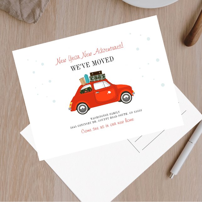 Carte Postale Faire-part Nouvel An Aventures Nouvelle Adresse Déménagement (Modern New Year Adventures Red Car Moving Announcement)
