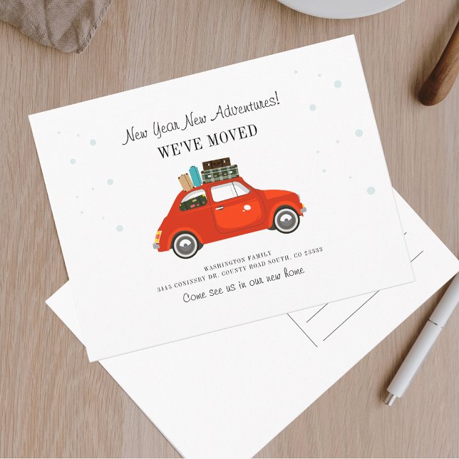 Carte Postale Faire-part Nouvel An Aventures Nouvelle Adresse Déménagement (New Year Adventure Red Car Moving Announcement)