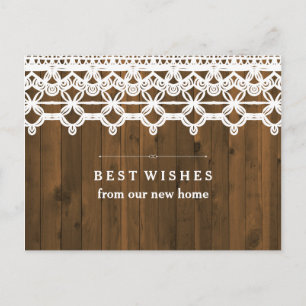 Carte Postale Faire-part Nouvelle adresse Brun Bois rustique avec dentelle 