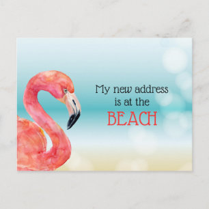 Carte Postale Faire-part Nouvelle adresse Flamant rose rose sur Bokeh Beach