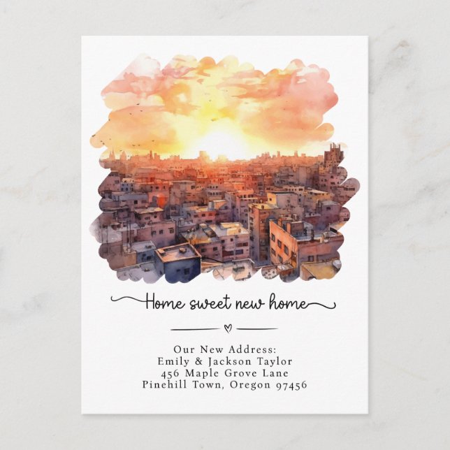 Carte Postale Faire-part Nouvelle maison - Nouvelle adresse Aquarelle Ville (Devant)