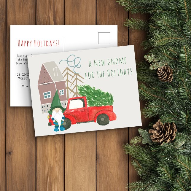 Carte Postale Faire-part Nouvelle maison pour les vacances Gnome et Camion  (Funny Gnome New Home Christmas Card from Holiday Moving Announcements Collection by Darling & May)
