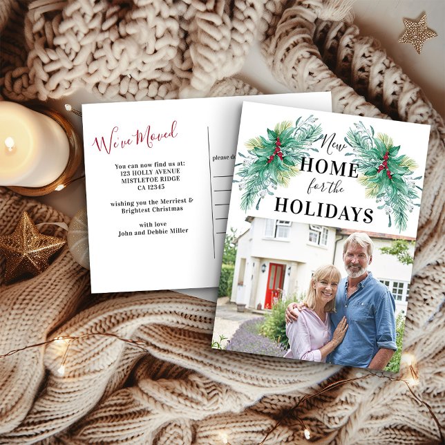 Carte Postale Faire-part Nouvelle maison pour les vacances Holly Garland Mo (New Home for the Holidays Christmas Card - Holiday Moving Announcements Collection by Darling & May)