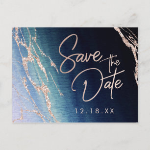 Carte Postale Faire-part Nuit Bleue Agate Rose Or Mariage Enregistrer la Da