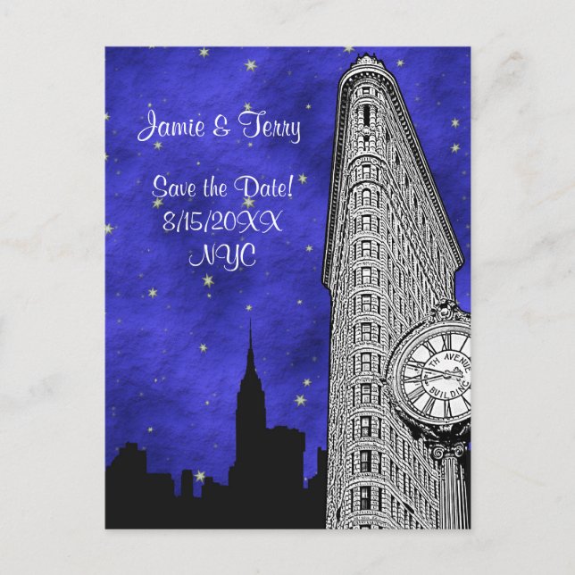 Carte Postale Faire-part NYC Flatiron Skyline Silhouette Blu St Date de sau (Devant)