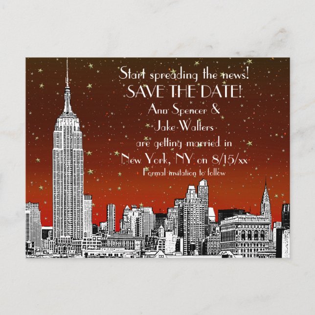 Carte Postale Faire-part NYC Skyline 01 Etched Red Starry Enregistrer la da (Devant)