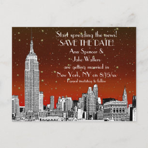 Carte Postale Faire-part NYC Skyline 01 Etched Red Starry Enregistrer la da