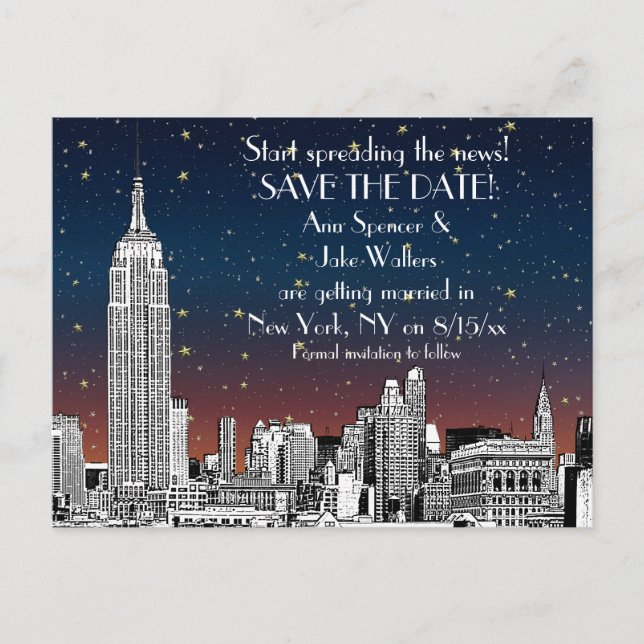 Carte Postale Faire-part NYC Skyline 01 Etched Sunset Starry Enregistrer la (Devant)