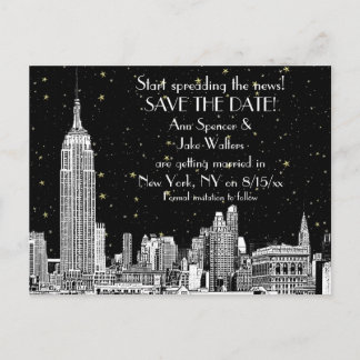 Carte Postale Faire-part NYC Skyline 01 Gravé Fond Étoilé DIY Enregistrer l