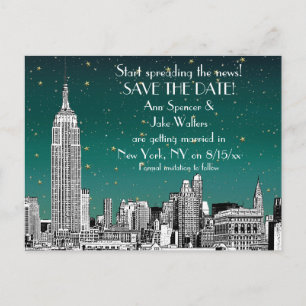 Carte Postale Faire-part NYC Skyline 01 Gravé Teal Starry Enregistrer la da