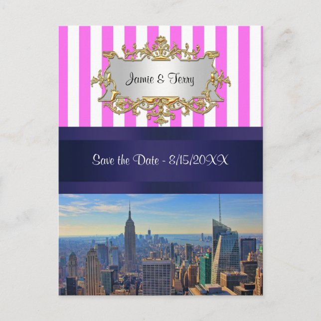 Carte Postale Faire-part NYC Skyline B2 Rose White Stripe Enregistrer la da (Devant)