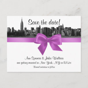 Carte Postale Faire-part NYC Skyline large gravé BW lilas Save the Date